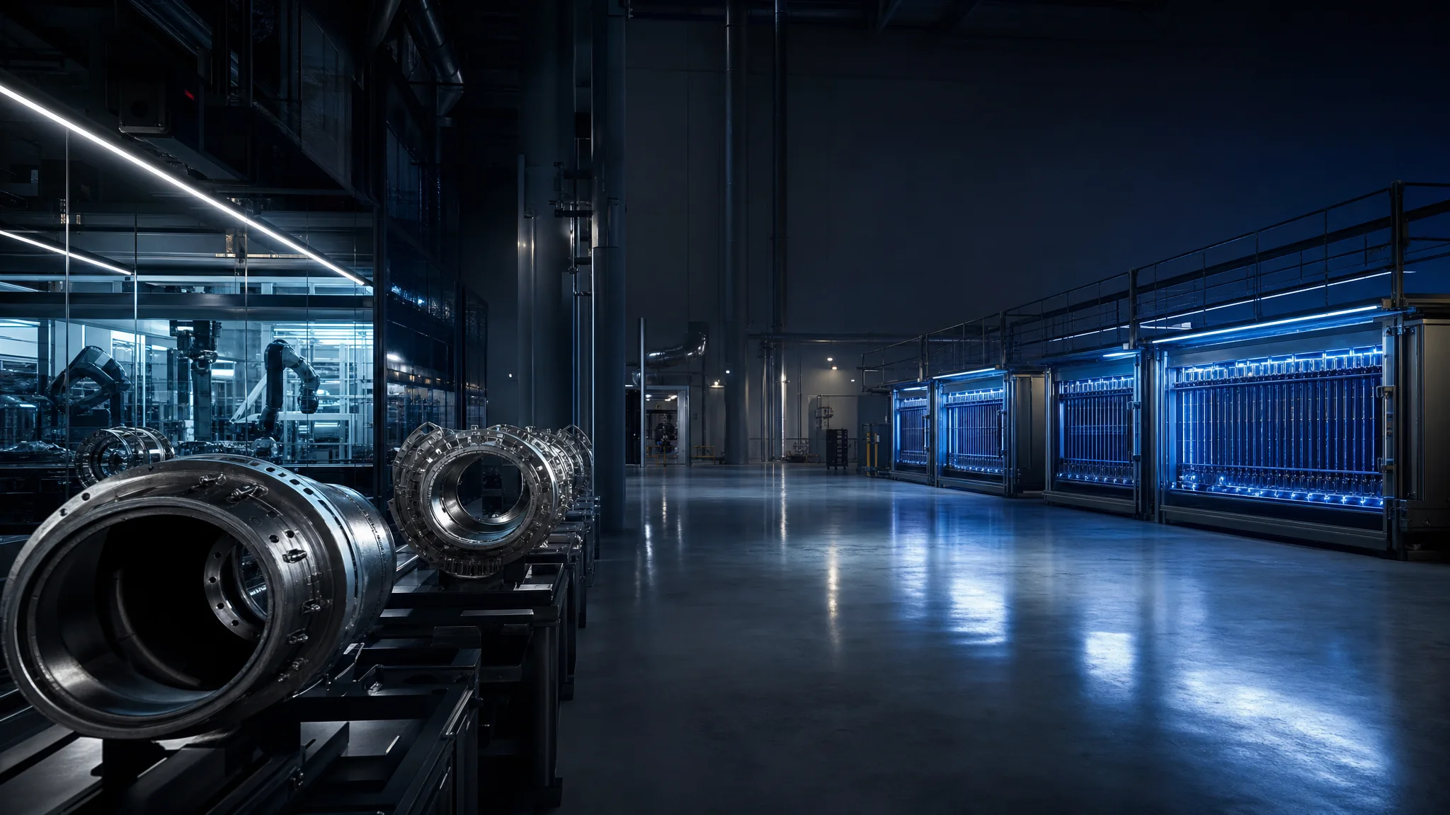 Advanced industrial clean-energy manufacturing facility with blue-lit systems
